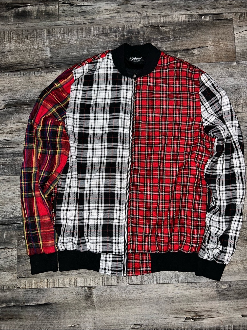 Reclaimed Vintage Red Black White Plaid Zip-Up Sweater